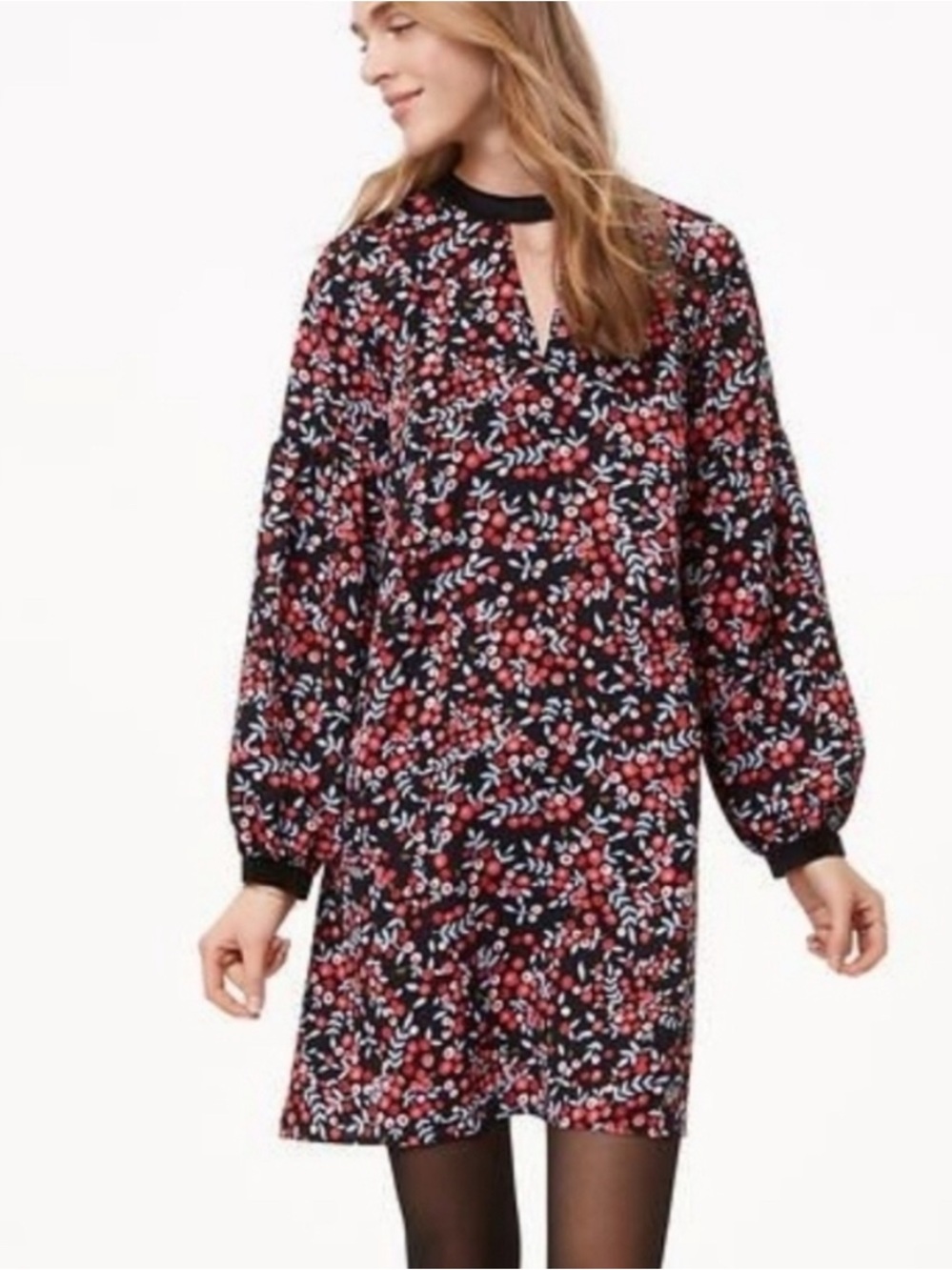 LOFT Black cherry print Choker-Detail Long-Sleeve Shift Dress NWT